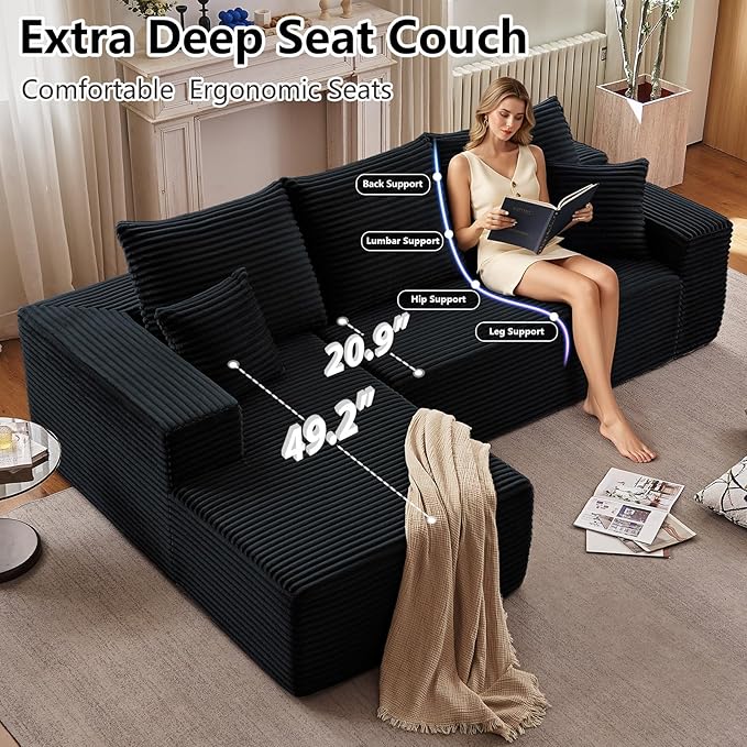 107" Modular Sectional Couches for Living Room, Comfy Boneless L Shaped Cloud Couch with Chaise Lounge, Modern Cozy Corduroy Deep Seat Floor Sofa, Memory Foam, No Assembly Required, Black