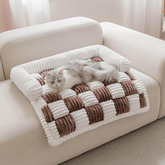 Couch Covers for Dogs and Cats, Fuzzy Dog Sofa bed with Cream Square Plaid, Plush Pet Couch Cover Bed, Thickened Quilted Furniture Protector Mat for Large Medium Pets (Dark Brown 27.56"*27.56")