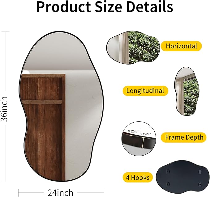 Wavy Wall Mirror -36''×24'' Irregular Wall Mirror Decorative Alloy Framed Mirrors Abstract Artistic Mirrors Wavy Mirror for Cloakroom/Bedroom/Living Room/Entryway（Black）