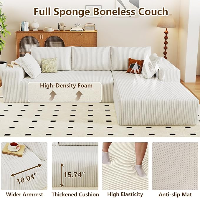 96" Modular Sectional Couch, Boneless L Shaped Cloud Sofa with Chaise Lounge, Corduroy Upholstered Couches Memory Foam Deep Seat, No Assembly Required, Ideal for Living Room(White, Right Facing)