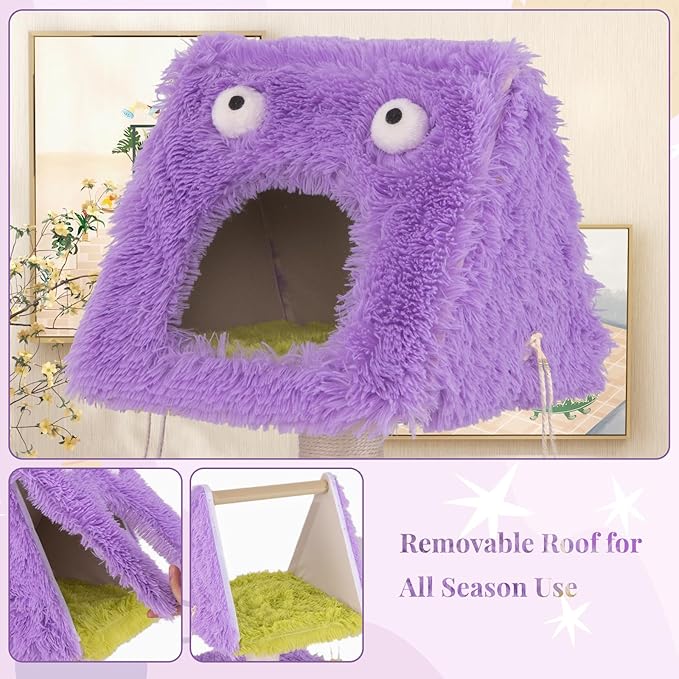 Tangkula Monster-Themed Cat Tree, 3-Level Cat Tower Activity Center with 2 Private Cat Condo, Sisal Scratching Posts & Hanging Toys, Long Plush Cute Cat Tree Tower for Indoor Cats (44 Inch)