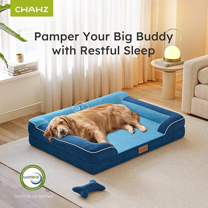 Jumbo Dog Bed for Extra Large Dogs, Orthopedic Dog Bed with Cooling Gel Memory Foam, Waterproof Pet Bed with Removable Washable Cover, 45" Pet Sofa Couch Dutch Velvet with Bone Toy, Navy Blue