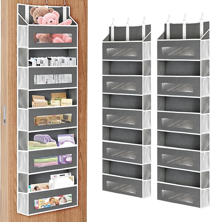 2 Packs 5-Tier Over The Door Organizer with 10 Side Mesh Pockets, 48 lbs Load Capacity, 3 Hooks Design, Hanging Organizer with Clear Windows for Bathroom, Bedroom, Nursery, Kitchen-Grey