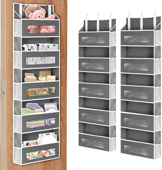 2 Packs 5-Tier Over The Door Organizer with 10 Side Mesh Pockets, 48 lbs Load Capacity, 3 Hooks Design, Hanging Organizer with Clear Windows for Bathroom, Bedroom, Nursery, Kitchen-Grey