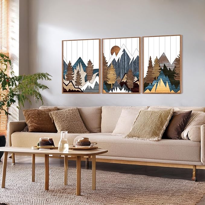 CHDITB Mountain Framed Canvas Wall Art Set Of 3,Country National Parks Artwork Modern Nature Wall Decor, Wood Mountain Wall Painting,Woodcut Nature Art Prints For Bedroom Living Room Decor(12X16 Inch)