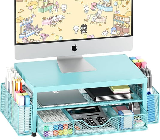 Desk Organizers and Accessories, 2-Tier Computer Monitor Stand Riser with Drawer and 2 Pen Holders, Laptop Stand, Office Desk Accessories for Office Supplies, Teal Blue