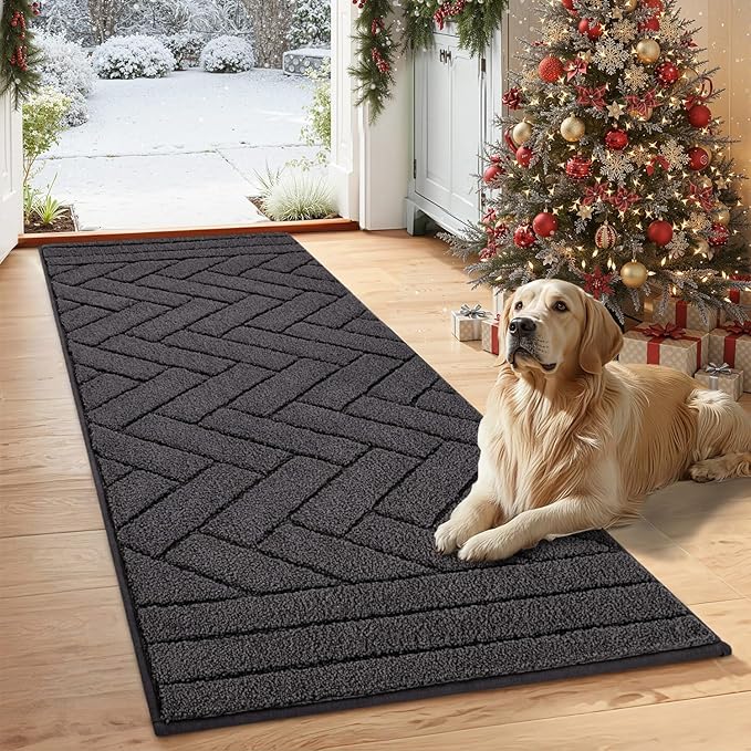 Tindbea Dog Mat for Muddy Paws,Absorbs Moisture Dirt Non-Slip Washable Mud Mat for Dogs,Soft Rubber Backing Front Inside Pet Rug for Entryway, Mud Dog Paws, Patio(24"x59",Charcoal)