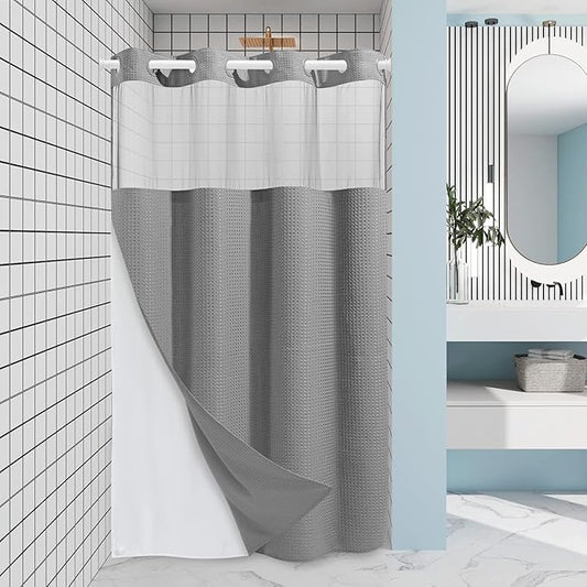 Grey Stall Shower Curtain and Liner Set - 230GSM Waffle Weave Textured Heavy Duty,Hotel Luxury Weighted Bath Curtain,54W x 80H
