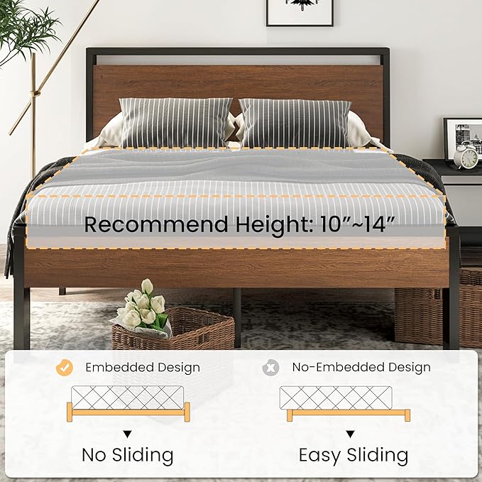 SHA CERLIN 14 Inch Full Size Metal Platform Bed Frame with Wooden Headboard and Footboard, Mattress Foundation, No Box Spring Needed, Large Under Bed Storage, Non-Slip Without Noise, Walnut