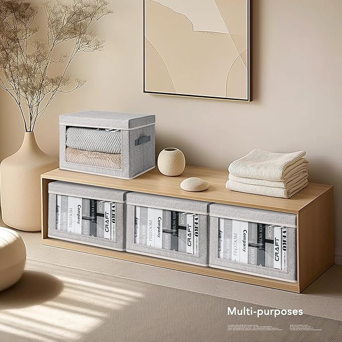 Large Storage Baskets with Lids - Stackable Cube Bins for Closet, 6 Pack Windows Organizer Bins, Home Organizers and Storage for Clothes, CD, Towels, Light Grey