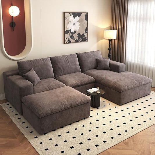 107'' U-Shaped Modern Modular Sectional Cloud Couch Whit Ottoman, 4-Seat Chenille Deep-Seat Sofa with Pillow for Living Room, Bedroom, Apartment, Camel