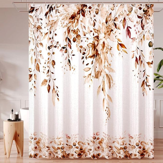 Brown Eucalyptus Leaves Shower Curtain for Bathroom:Aesthetic Art Watercolor Plant Shower Curtains Sets with Hooks,Waterproof Fabric Decor 72x84 inches.