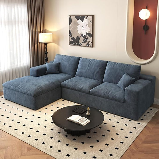 107'' L-Shaped Modern Modular Sectional Cloud Couch, 4-Seat Chenille Deep-Seat Sofa with Pillow for Living Room, Bedroom, Apartment, Ocean Blue