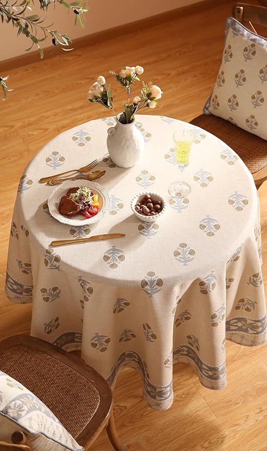 patdrea Designer Vintage Small Beige Tablecloth for Round Table,Linen Yellow Floral Pattern Tablecloths,Cover Cloth Decor for Kitchen Dining Christmas,Thanksgiving,Diameter 55"-Istana a