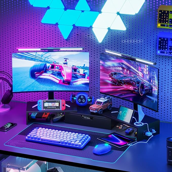 Elephance Dual Monitor Stand with USB Ports,Wood Computer Monitor Stand with Drawer,Adjustable Monitor Stand Riser,Desk Organizer for PC,Computer,Laptop,Black