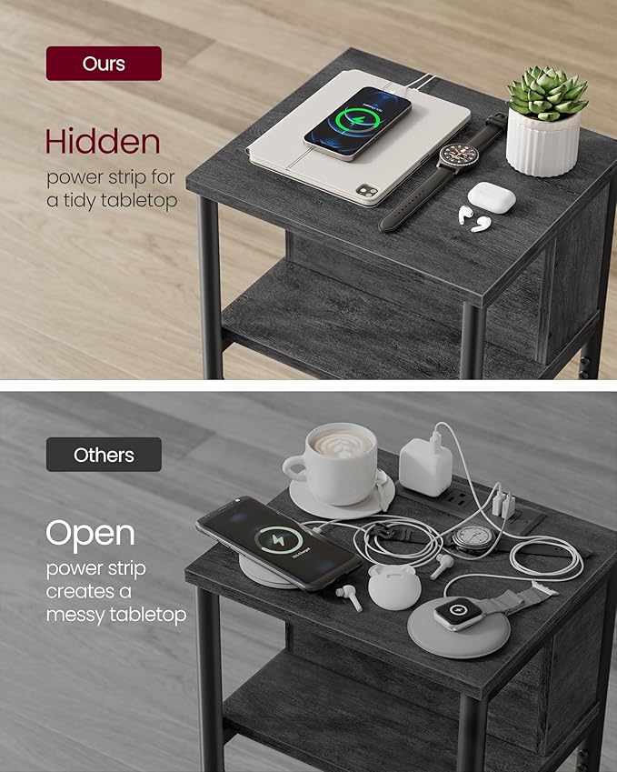 VASAGLE Side Table with Charging Station, 3-Tier End Table with USB Ports and Outlets, Nightstand for Living Room, Bedroom, 11.8 x 13.4 x 22.8 Inches, Plug-in Series, Misty Gray and Black