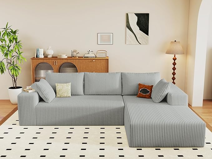 96" Modular Sectional Couch, Boneless L Shaped Cloud Sofa with Chaise Lounge, Corduroy Upholstered Couches Memory Foam Deep Seat, No Assembly Required, Ideal for Living Room(Light Gray, Right Facing)