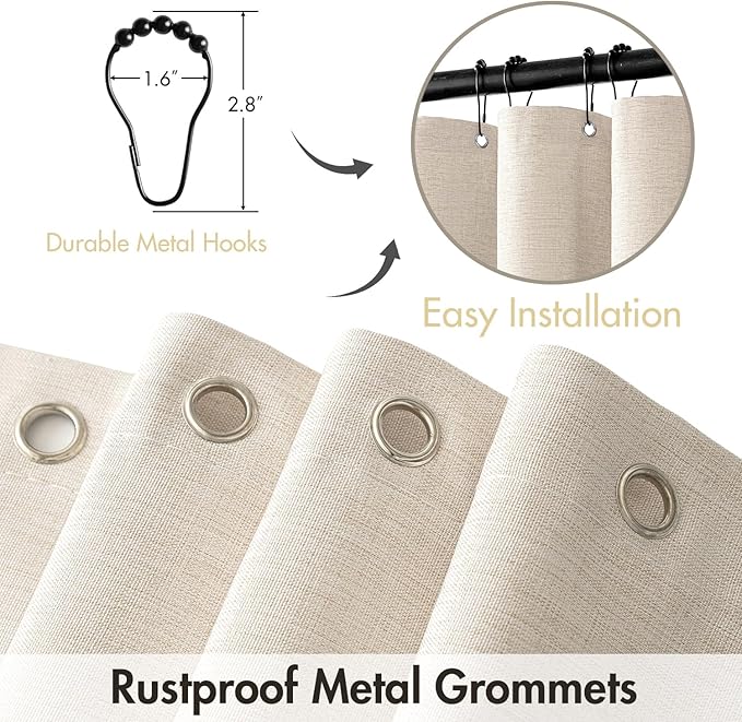 MIULEE Linen Shower Curtain with 10 Metal Hooks Modern Heavy Duty Washable Beige Fabric Curtain Set Waterproof Neutral Thick Cloth Shower Curtains for Bathroom Bathtub Washable, W60*L72, Cream
