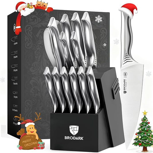 BRODARK Kitchen Knife Set with Block - 15-Piece Knife Block Set with Built-in Sharpener - High Carbon Stainless Steel Kitchen Knives Set for Kitchen - Christmas Gift, Shark Series