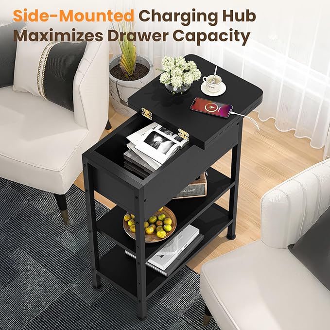 End Table with Charging Station, Flip Top Side Table with USB Ports and Outlets, 3-Tier Small Side Table with Storage for Small Space, End Tables for Living Room/Bedroom, Black