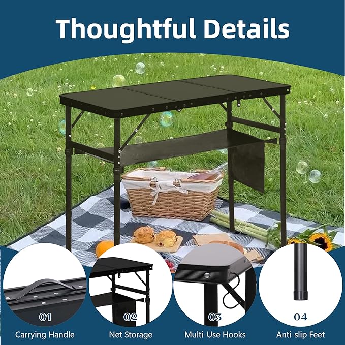LOFTEY Folding Camping Table with 3 Adjustable Height, 3ft Foldable Aluminum Camp Table, Lightweight with Storage Bag, Portable for Outdoor, BBQ, Hiking, 34.2" x 15.7" x 27.5", Black