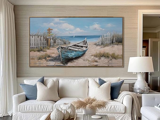 Ardemy Framed Canvas Wall Art Extra Large Boat Bedroom Pictures Wall Decor Living Room, Beach Seascape Paintings Wall Decor Textured Artwork for Kitchen Dining Room Home Office, 48"x24"