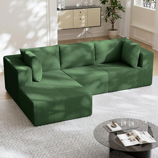 108" Boneless Couches for Living Room, Modular Cloud Couch Sofa - L Shap Corduroy Sectional Sofa, Fluffy Memory Foam Sleeper Sofa Furniture, No Assembly, Wide Armrest, Green