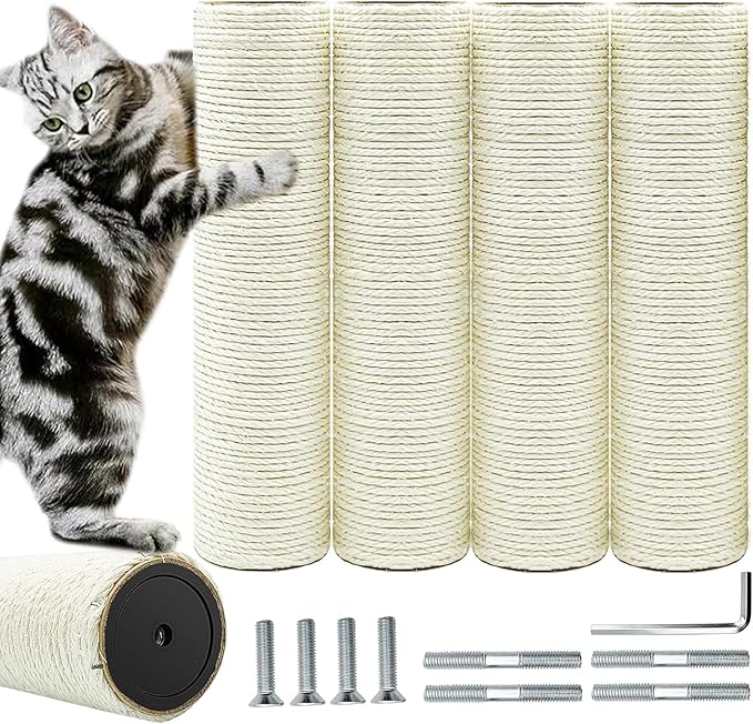 Cat Tree Replacement Post, 4 Pack 9.84in Cat Scratching Post Replacement Poles with M8 Screws, Natural Sisal Cat Tower Parts, Connectable to 19.7in/39.4in for Cat Tree Repair & Extension