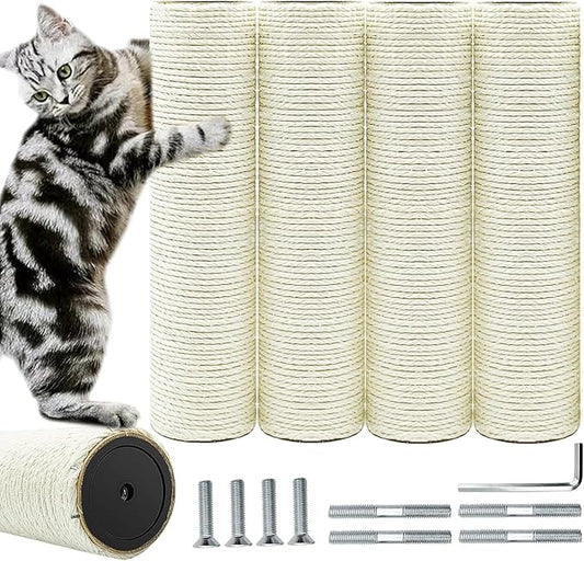 Cat Tree Replacement Post, 4 Pack 9.84in Cat Scratching Post Replacement Poles with M8 Screws, Natural Sisal Cat Tower Parts, Connectable to 19.7in/39.4in for Cat Tree Repair & Extension