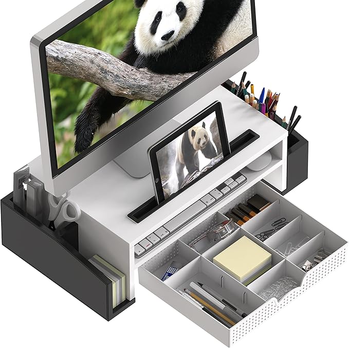 SIMPLE HOUSEWARE Desk Monitor Stand Riser with Adjustable Organizer Tray, Dual Tone - Black / White