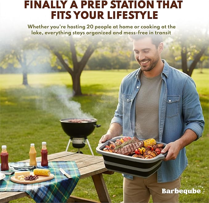 Collapsible BBQ Prep Tub XL with Locking Lid & Cutting Board - Pro-Grade Silicone Grill Station for Brisket, Ribs, Meal Prep - Space-Saving Portable Container for Camping, Tailgating & Outdoor Cooking