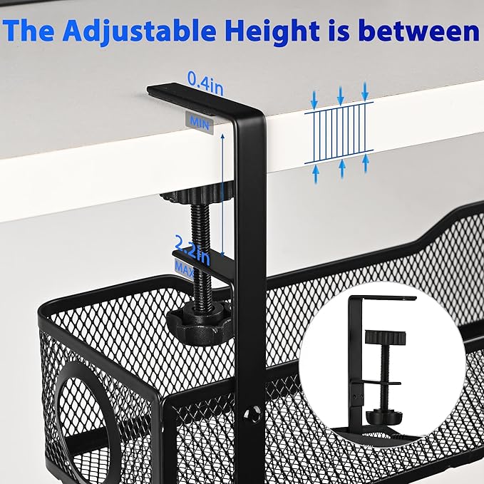 Under Desk Cable Management Tray Small – Clamp-Mounted Wire Organizer & Cord Management Under Desk Holder, No-Drill Metal Cable Tray for Home Office (Black)