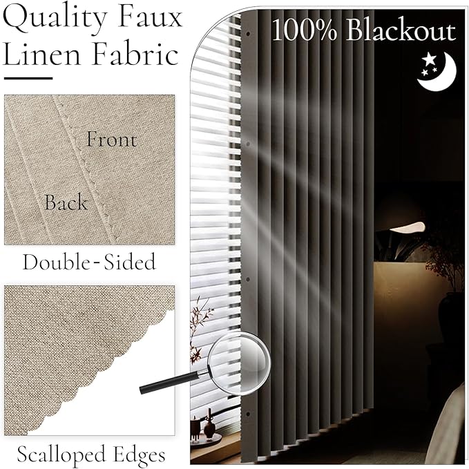 100% Blackout Faux Linen Pinch Pleated Look Curtains Blackout, Accordion Style Drapes 96 Inch Long for Bedroom & Living Room, 1 Panel, W52 x L96, Tan