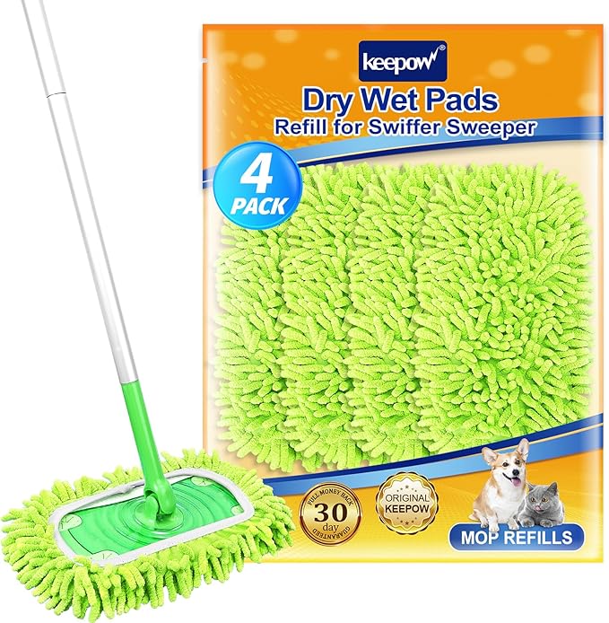 KEEPOW Reusable Microfiber Mop Pads Compatible with Swiffer Sweeper & Mop Deluxe 2-in-1, Wet & Dry Mopping Cloths for All Floors, Compatible with Swiffer Dry Sweeping Cloths for Cleaning (4 Pack)