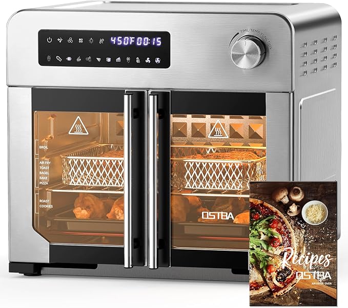 OSTBA French Door Air Fryer Toaster Oven Combo, Airfryer Convection Oven Countertop 10-in-1 Combo, 30% Faster 90% Less Oil, 102 Recipes & 7 Accessories Included 24 QT Stainless Steel