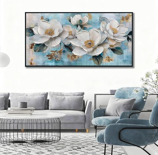 Ardemy White Floral Wall Art, Framed Teal Canvas Wall Art For Living Room Large Magnolia Pictures Wall Decor Flower Paintings Artwork for Walls Dining Room Bedroom Home Office 48"x24"