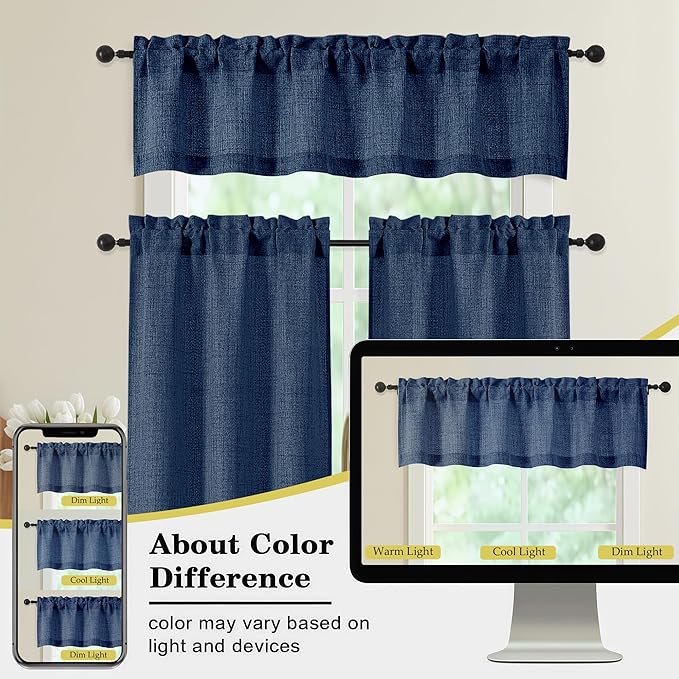 Navy Blue Kitchen Curtains 36 Inch Length 2 Panels, Light Filtering Farmhouse Faux Linen Textured Short Curtains for Windows, Small Curtain Tier for Cafe Cabinet Bathroom RV Camper, 30Wx36L