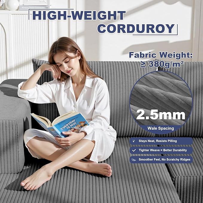 108" Boneless Couches for Living Room, Modular Cloud Couch Sofa -4 Pieces U Shap Corduroy Sectional Sofa, Fluffy Memory Foam Sleeper Sofa Furniture, No Assembly, Wide Armrest, Grey