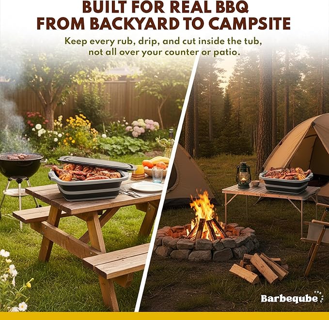 Collapsible BBQ Prep Tub XL with Locking Lid & Cutting Board - Pro-Grade Silicone Grill Station for Brisket, Ribs, Meal Prep - Space-Saving Portable Container for Camping, Tailgating & Outdoor Cooking