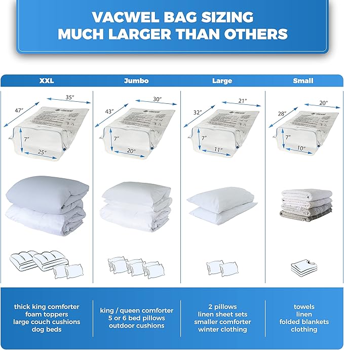 12-Pack Variety - Vacuum Storage Bags for Clothes, Packing & Storage - Strong Vacuum Space Bags for Comforter, Quilt & Mattress Topper Compression - Premium Sealing Solutions in XXL, Jumbo, L, M Sizes