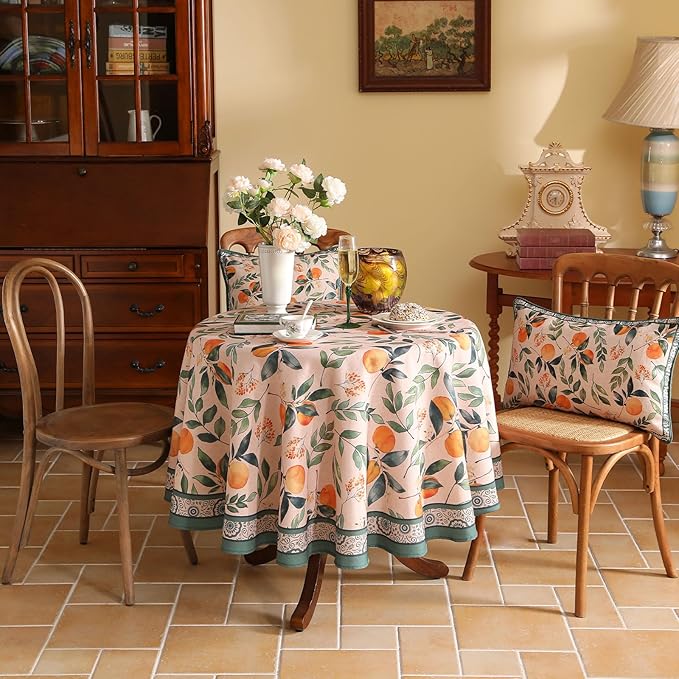 patdrea Designer Linen Round Table Cloth,Vintage Framhouse Oranges and Leaves Pattern Tablecloth,Decor Table Cover for Kitchen Dining Christmas,Thanksgiving,Tea Party,Diameter 67"-Palladin a