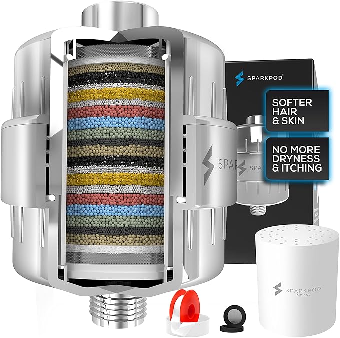 SparkPod 23 Stage Shower Head Filter for Dry Hair and Skin - High Output Universal Shower Filters to Remove Toxic Chemicals, Chlorine & Heavy Metals (Luxury Polished Chrome)