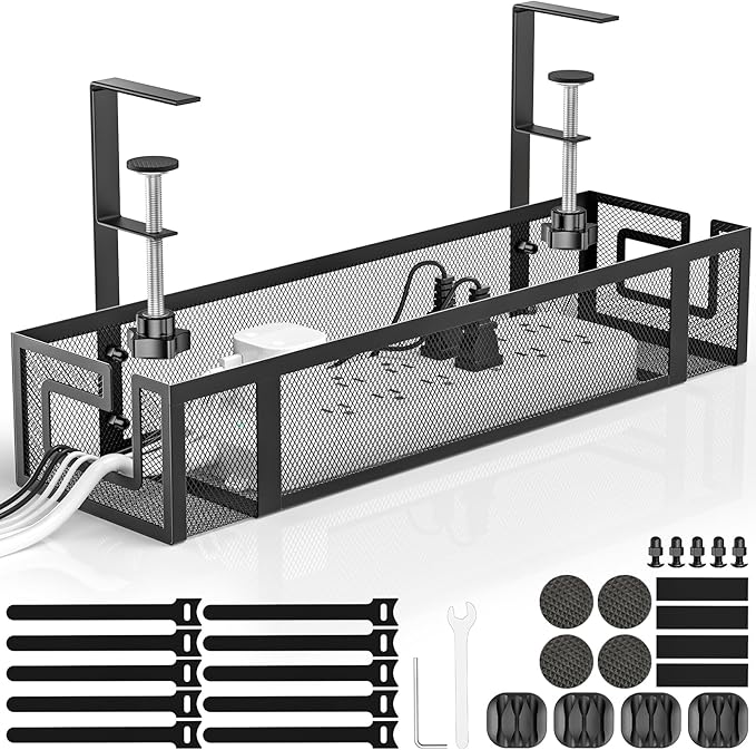 Under Desk Cable Management Tray - GZOKMOG No Drill Cord Organizer with Clamp, Reinforced Metal Mesh Workspace Organizers for Wire, Office Desk Accessories, 1 Pack Black, 15.75 inch