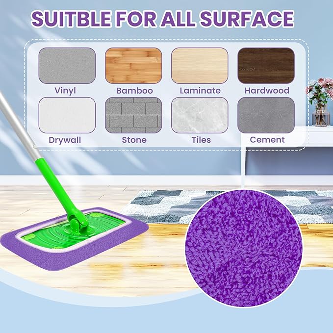 6 Pack Reusable Microfiber Mop Pads - Compatible with Sweeper, Reusable Mop Pads, Washable Dry Cloths & Wet Pads Refill for Hardwood Laminate Tile Floor Cleaning (Purple, M)
