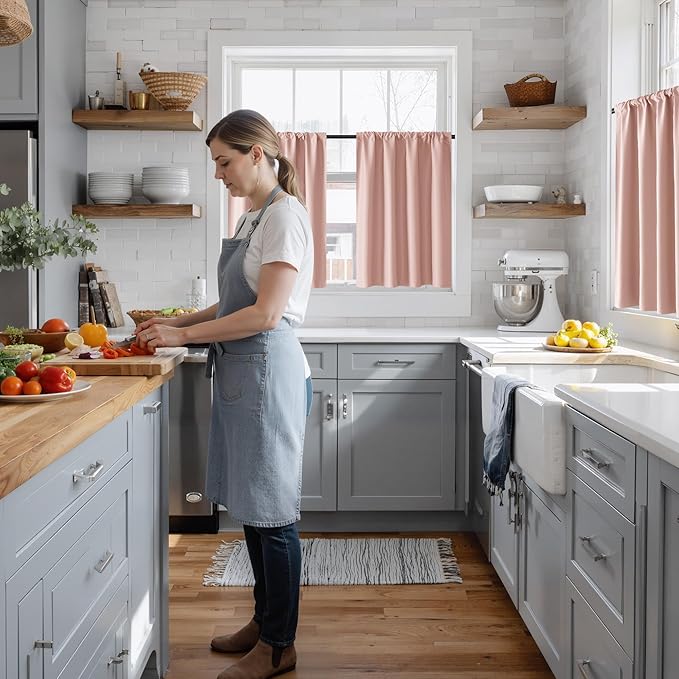 RYB HOME 100% Blackout Bathroom Curtains Over Sink 24 inches Long, Heat & UV Blocking Total Room Darkening Noise Reducing Curtains for Basement RV Campers, Peach Pink, 2 Panels Set