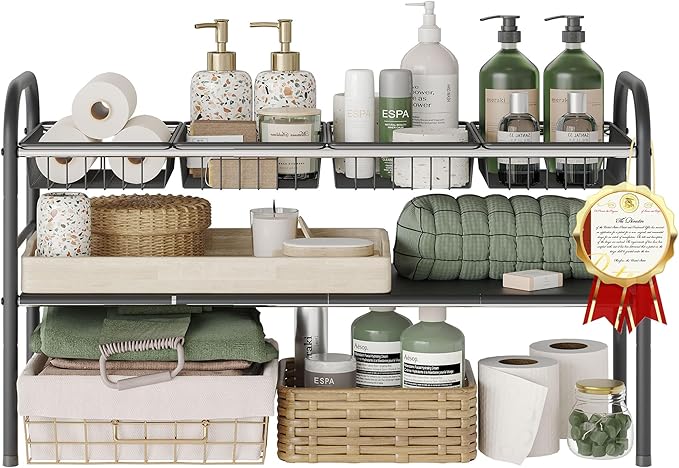 NETEL Under Sink Organizers and Storage, 2 Tier Expandable Under Cabinet Organizer Shelf with 4 Baskets and 4 Panels, Expandable Shelf for Cupboard, Kitchen, Bathroom, Shoe Storage Rack