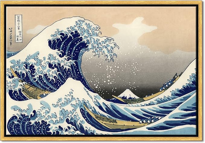 Wieco Art Framed Art Great Wave of Kanagawa Katsushika Hokusai Giclee Canvas Prints Wall Art Abstract Seascape Paintings for Home Living Room Decorations Bronze Gold Frame