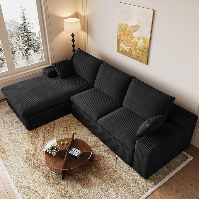 107 Inch Cloud Sectional Couch, Modern Modular Sectional Sofa with Deep Seat, Corduroy Boneless Couches with L-Shape Chaise for Living Room Bedroom, No Assembly Required (Black, Left Facing Chaise)