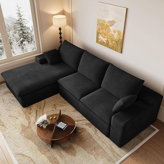 107 Inch Cloud Sectional Couch, Modern Modular Sectional Sofa with Deep Seat, Corduroy Boneless Couches with L-Shape Chaise for Living Room Bedroom, No Assembly Required (Black, Left Facing Chaise)