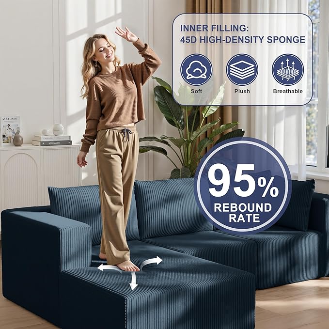 108" Boneless Couches for Living Room, Modular Cloud Couch Sofa - 4 Pieces U Shap Corduroy Sectional Sofa, Fluffy Memory Foam Sleeper Sofa Furniture, No Assembly, Wide Armrest, Navy Blue